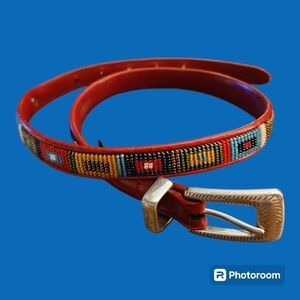 BRIGHTON Red Leather Beaded Rainbow Western Boho Festival Belt Small 03507